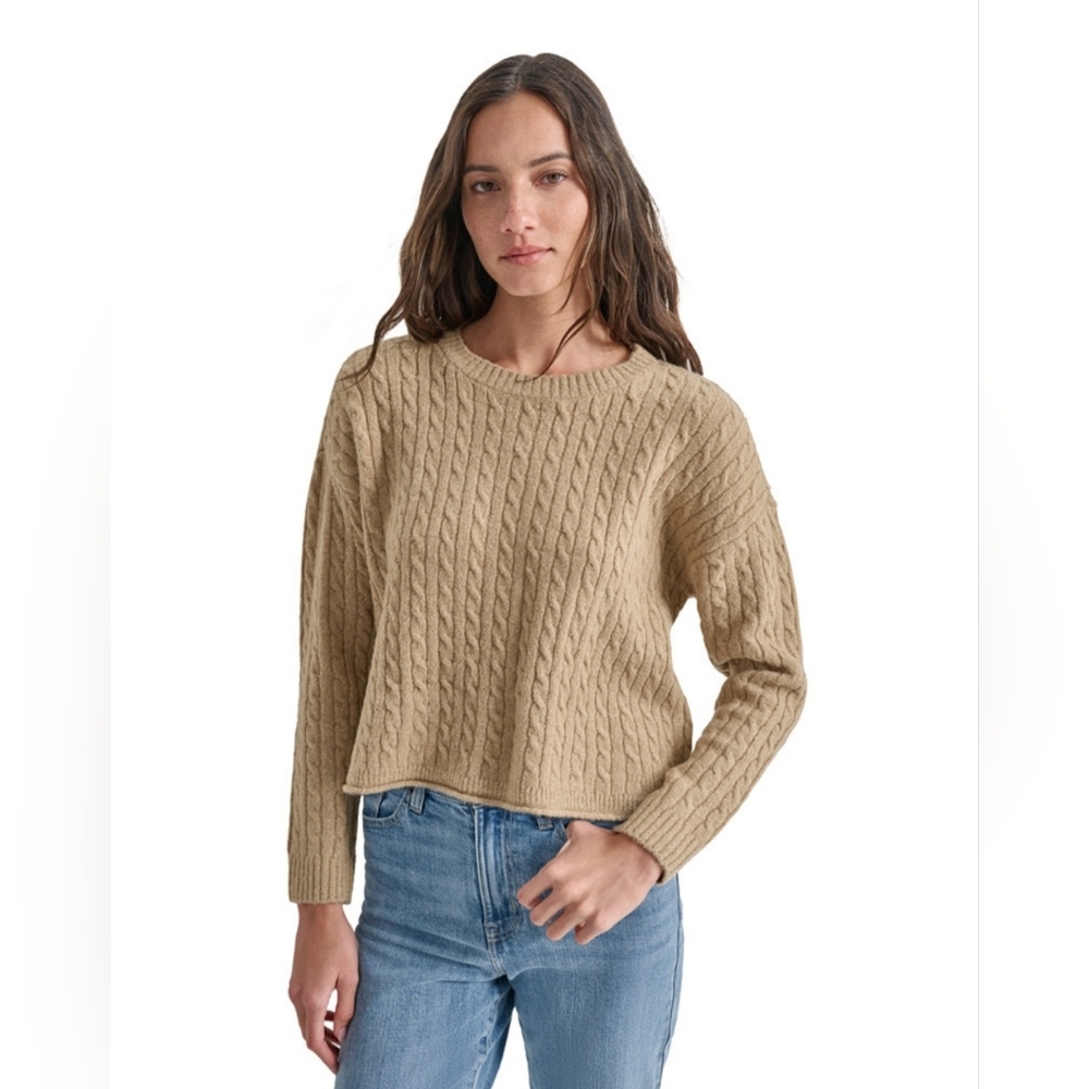 DKNY WOMEN'S TAN METALLIC CREWNECK CABLE KNIT SWEATER SIZE MEDIUM NWT